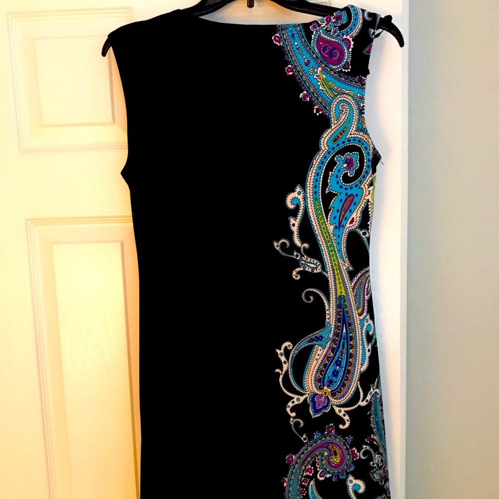 Size medium straight black dress with aqua paisley designs